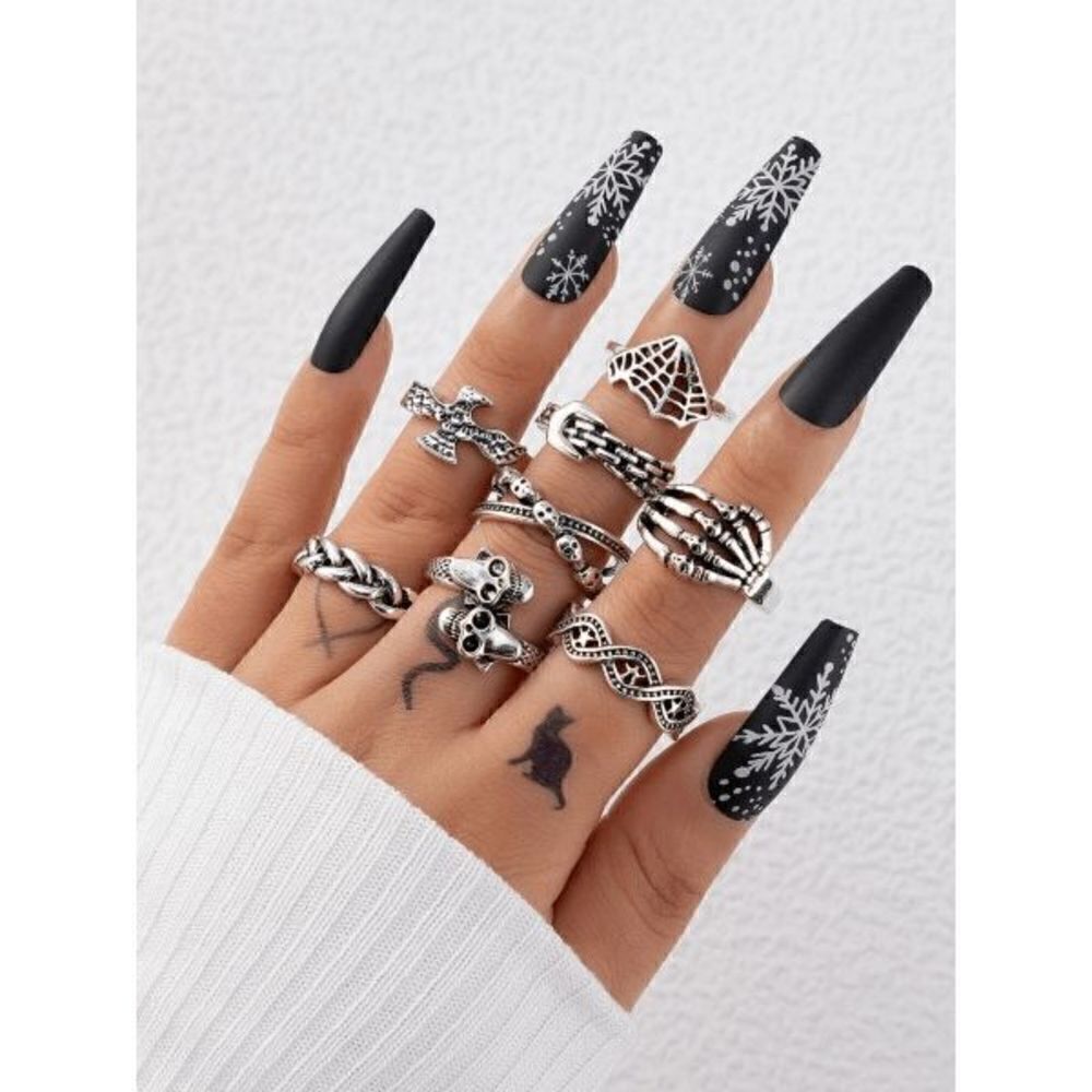 SILVER GOTH PUNK SKULL SPIDER WEB STACKABLE RING SET - 8 PIECES